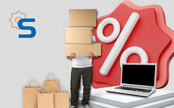 imagem de sacolas de compra, homem segurando três caixas ao lado de uma plataforma com notebook e ícone de porcentagem ao fundo, compondo alusão a vendas de ecommerce